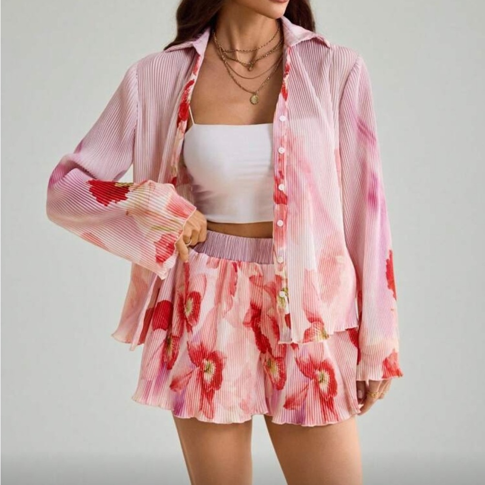 Pink Floral Sheer Blouse and Shorts Set